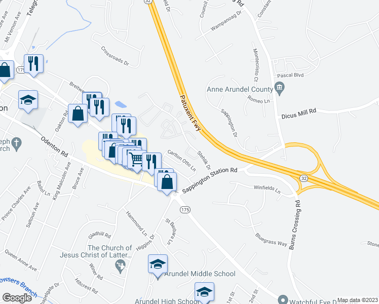 map of restaurants, bars, coffee shops, grocery stores, and more near 534 Tranquil Court in Odenton