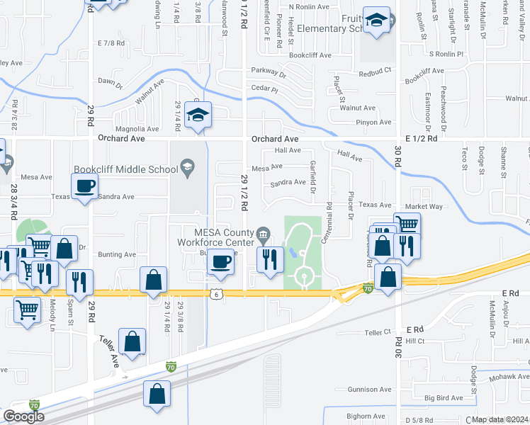 map of restaurants, bars, coffee shops, grocery stores, and more near 2953 1/2 Texas Avenue in Grand Junction