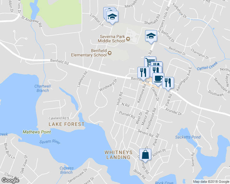 map of restaurants, bars, coffee shops, grocery stores, and more near 3 Leeward Court in Severna Park
