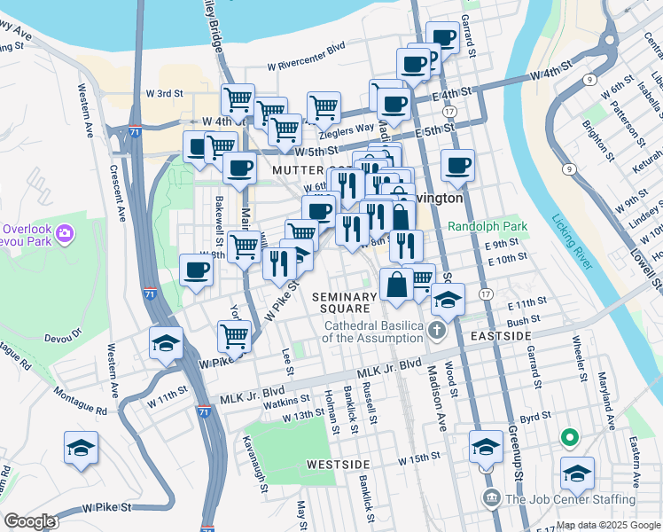map of restaurants, bars, coffee shops, grocery stores, and more near 842 Banklick Street in Covington