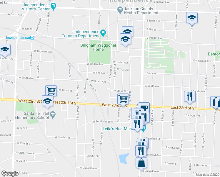 map of restaurants, bars, coffee shops, grocery stores, and more near 1010 South Osage Street in Independence