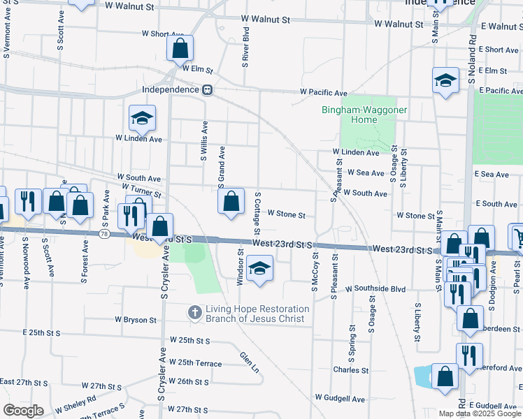 map of restaurants, bars, coffee shops, grocery stores, and more near 1025 South Cottage Street in Independence