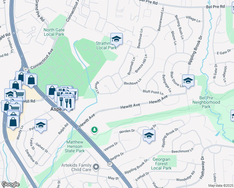 map of restaurants, bars, coffee shops, grocery stores, and more near 3220 Beret Lane in Silver Spring