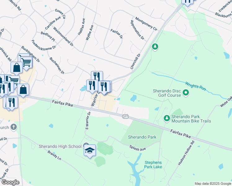 map of restaurants, bars, coffee shops, grocery stores, and more near 192 Sherando Circle in Stephens City