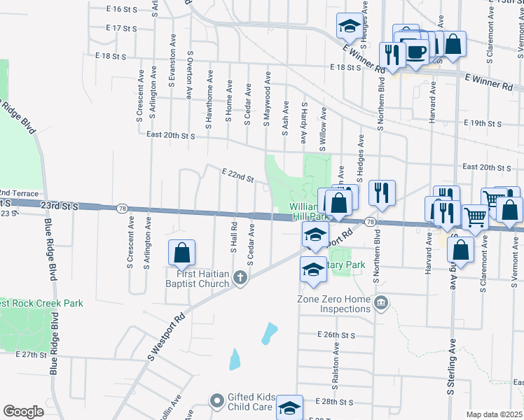 map of restaurants, bars, coffee shops, grocery stores, and more near 10104 East 23rd Street South in Independence