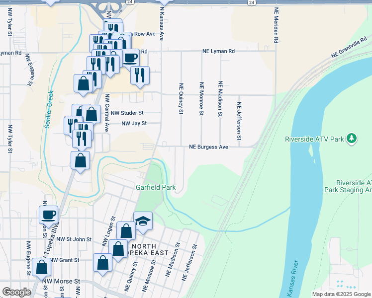 map of restaurants, bars, coffee shops, grocery stores, and more near 1896 Northeast Burgess Court in Topeka