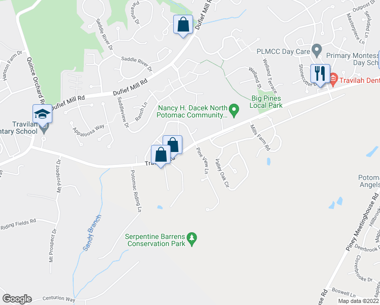 map of restaurants, bars, coffee shops, grocery stores, and more near 13779 Travilah Road in Rockville
