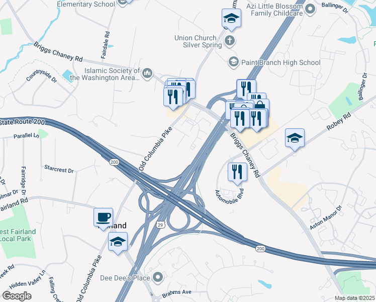 map of restaurants, bars, coffee shops, grocery stores, and more near 13707 Avonshire Drive in Silver Spring