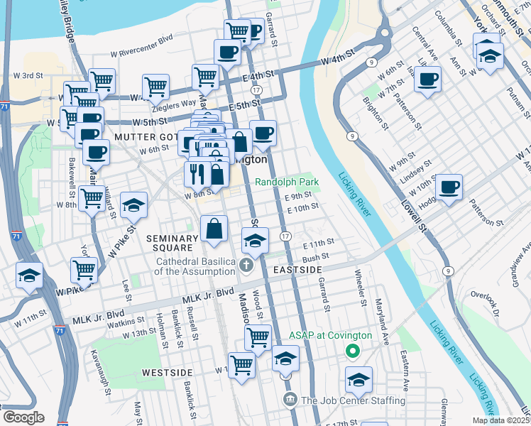map of restaurants, bars, coffee shops, grocery stores, and more near 124 East 10th Street in Covington