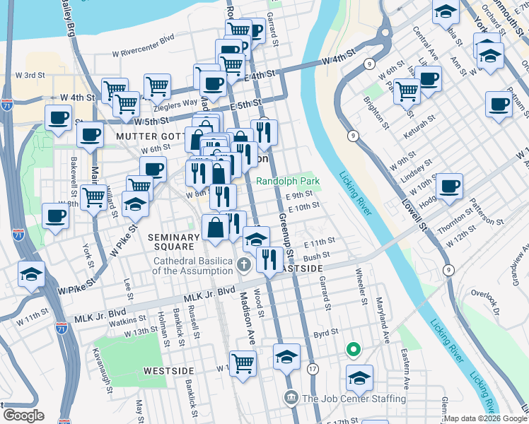 map of restaurants, bars, coffee shops, grocery stores, and more near 124 East 10th Street in Covington
