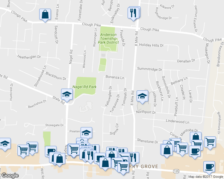 map of restaurants, bars, coffee shops, grocery stores, and more near 8210 Riovista Drive in Cincinnati