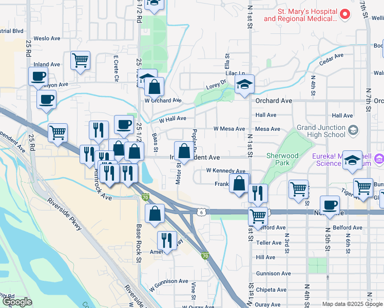 map of restaurants, bars, coffee shops, grocery stores, and more near 436 Independent Avenue in Grand Junction