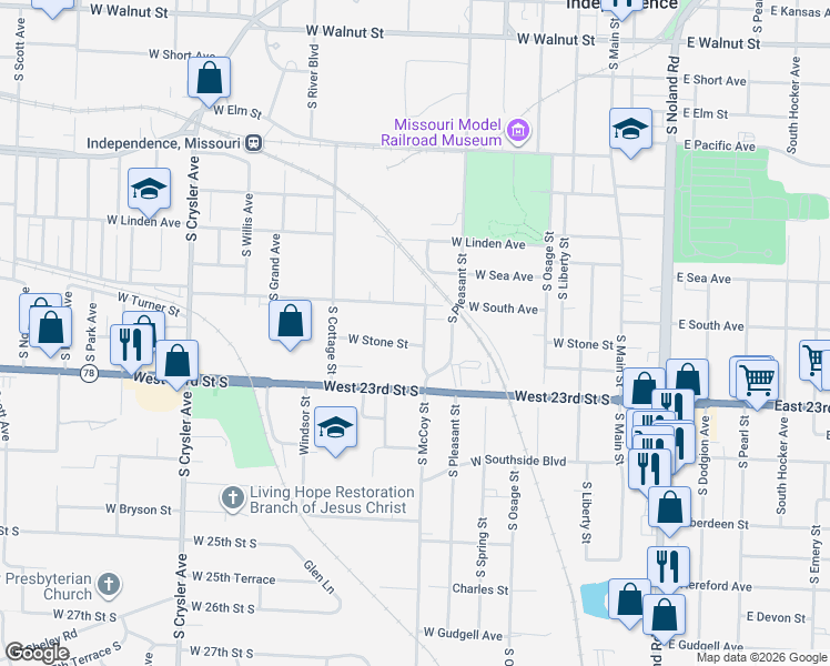 map of restaurants, bars, coffee shops, grocery stores, and more near 1026 South McCoy Street in Independence