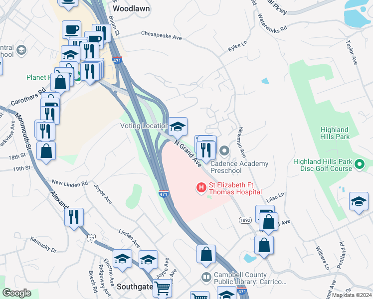 map of restaurants, bars, coffee shops, grocery stores, and more near North Grand Avenue in Kenton Vale