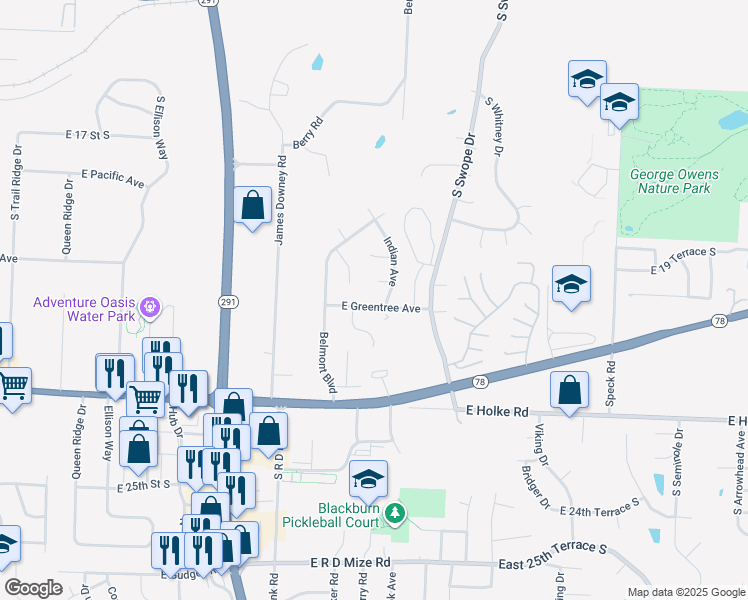map of restaurants, bars, coffee shops, grocery stores, and more near 17820 East Greentree Avenue in Independence