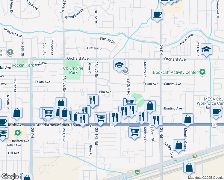 map of restaurants, bars, coffee shops, grocery stores, and more near 2860 Elm Avenue in Grand Junction