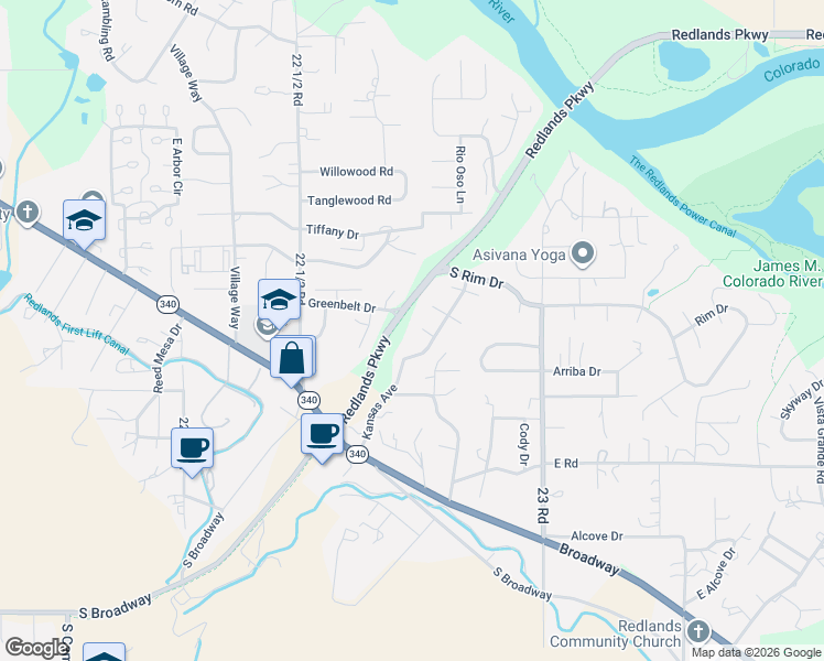 map of restaurants, bars, coffee shops, grocery stores, and more near 2277 Windwood Court in Grand Junction