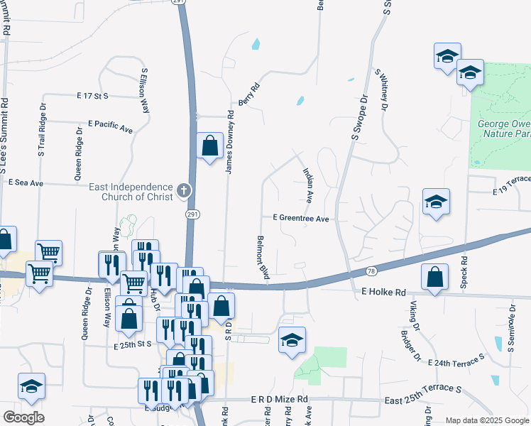 map of restaurants, bars, coffee shops, grocery stores, and more near 17706 East Greentree Avenue in Independence