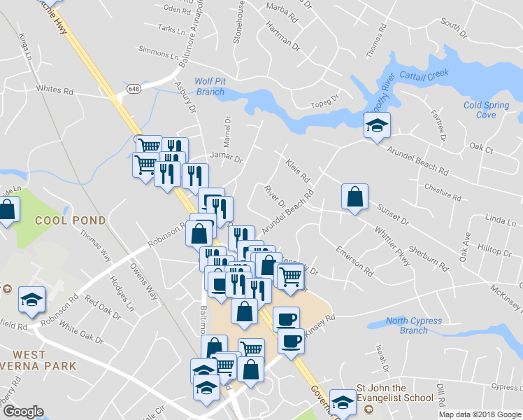 map of restaurants, bars, coffee shops, grocery stores, and more near 6 Woodland Drive in Severna Park