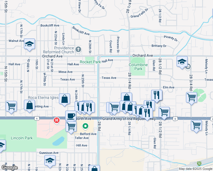 map of restaurants, bars, coffee shops, grocery stores, and more near 2802 Elm Avenue in Grand Junction