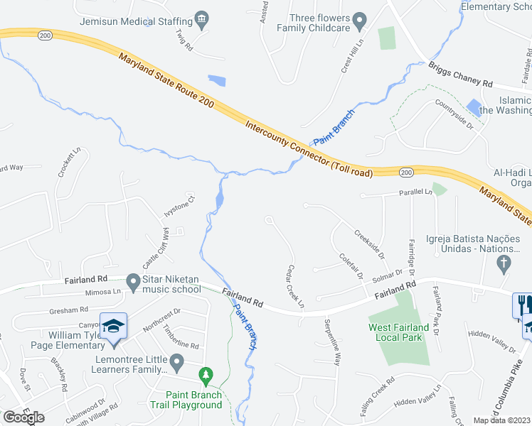 map of restaurants, bars, coffee shops, grocery stores, and more near 13671 Cedar Creek Lane in Silver Spring