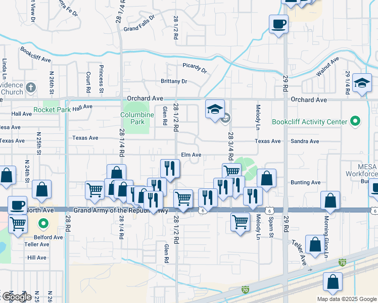 map of restaurants, bars, coffee shops, grocery stores, and more near 2856 Elm Avenue in Grand Junction