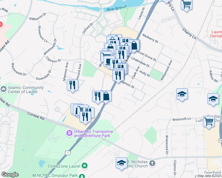 map of restaurants, bars, coffee shops, grocery stores, and more near 13932 Baltimore Avenue in Laurel