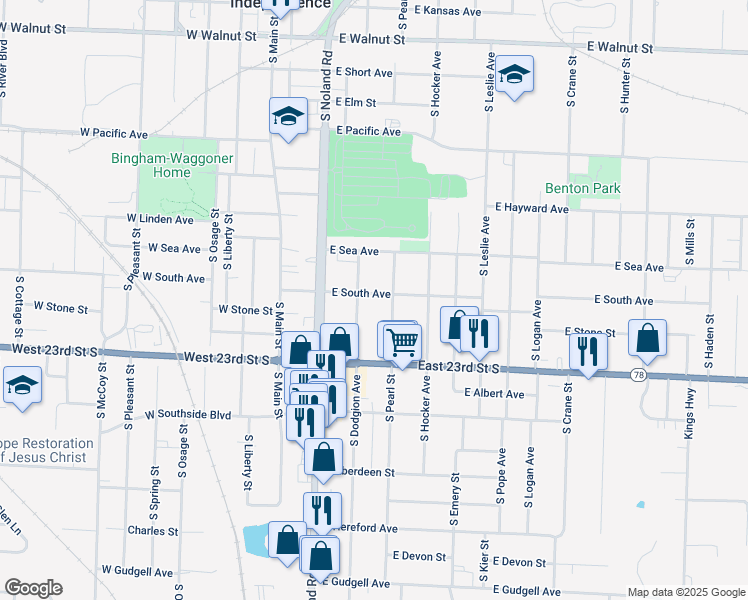 map of restaurants, bars, coffee shops, grocery stores, and more near 313 East South Avenue in Independence