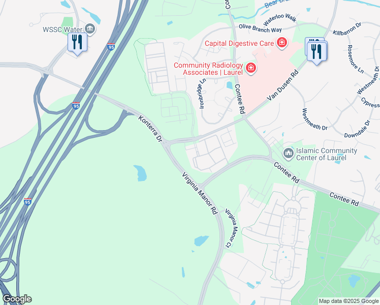 map of restaurants, bars, coffee shops, grocery stores, and more near 6901 Van Dusen Road in Laurel