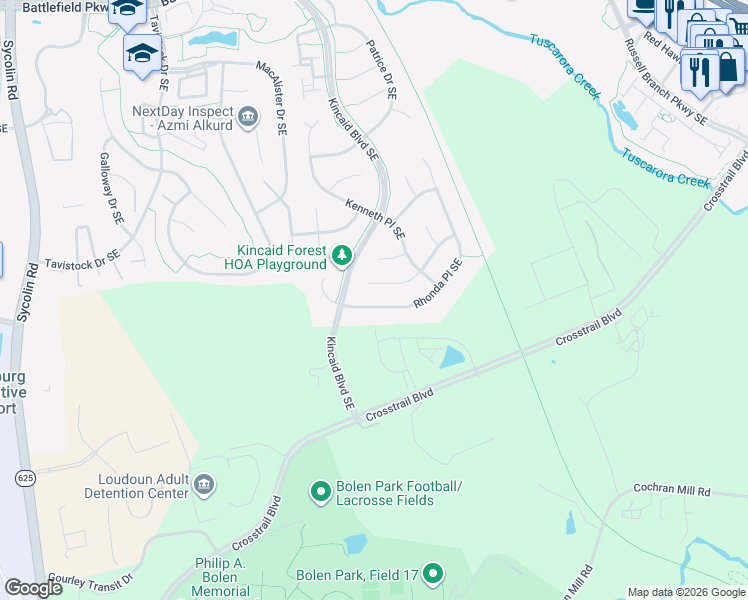 map of restaurants, bars, coffee shops, grocery stores, and more near 886 Rhonda Place Southeast in Leesburg