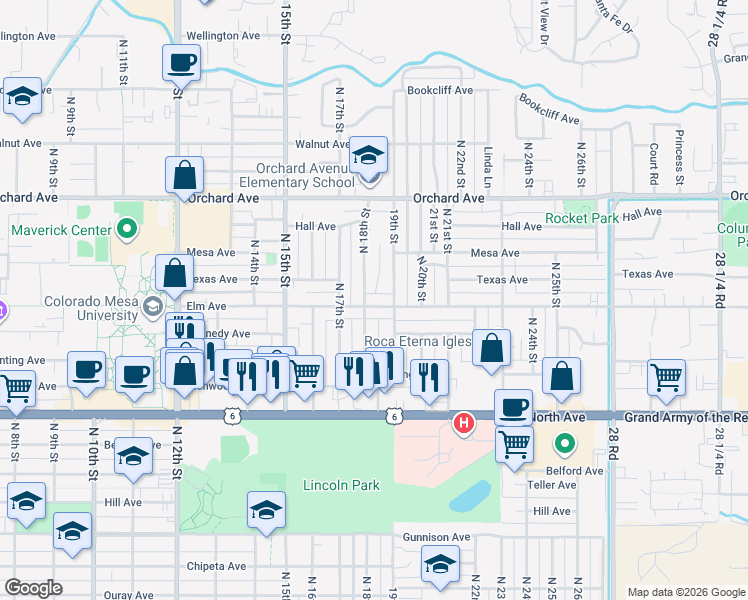 map of restaurants, bars, coffee shops, grocery stores, and more near 1730 Elm Avenue in Grand Junction