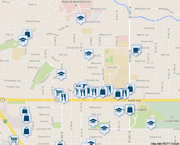 map of restaurants, bars, coffee shops, grocery stores, and more near 774 Elm Avenue in Grand Junction