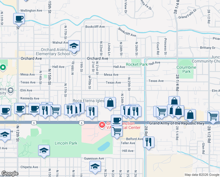 map of restaurants, bars, coffee shops, grocery stores, and more near 2240-2298 Elm Avenue in Grand Junction