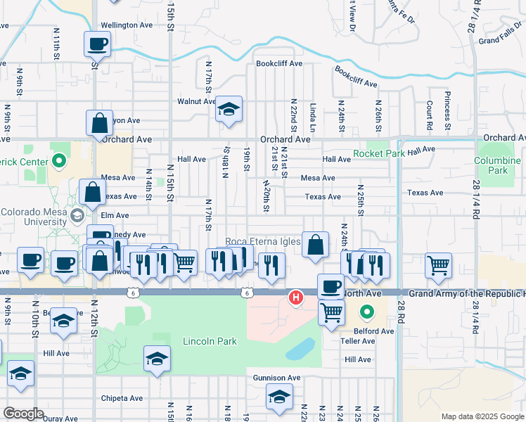 map of restaurants, bars, coffee shops, grocery stores, and more near 2100 Kennedy Avenue in Grand Junction