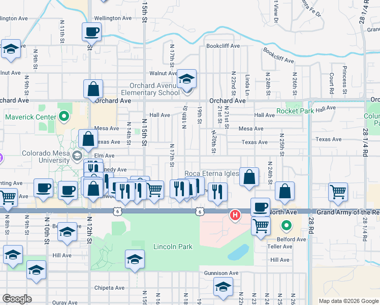 map of restaurants, bars, coffee shops, grocery stores, and more near 1730 Elm Avenue in Grand Junction