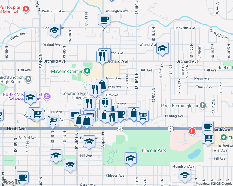 map of restaurants, bars, coffee shops, grocery stores, and more near 1436 North 13th Street in Grand Junction