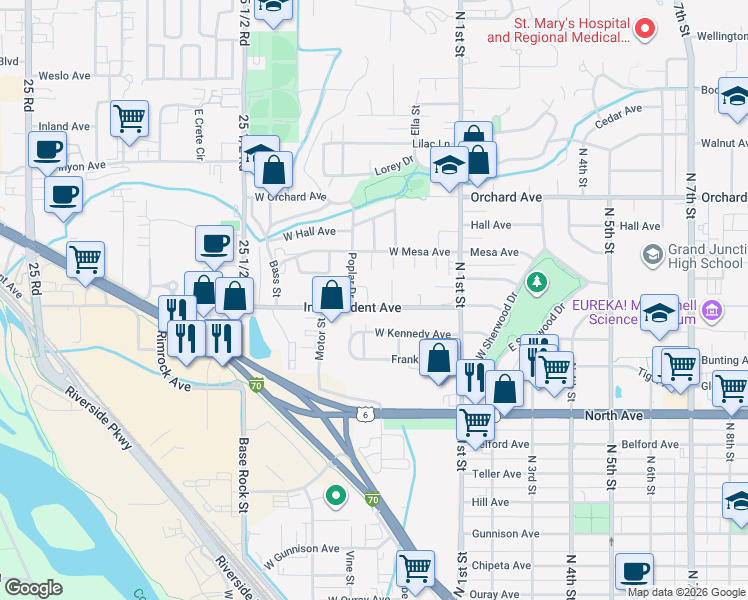 map of restaurants, bars, coffee shops, grocery stores, and more near 368 Independent Avenue in Grand Junction
