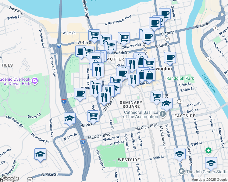 map of restaurants, bars, coffee shops, grocery stores, and more near 257 West Pike Street in Covington