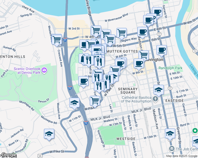 map of restaurants, bars, coffee shops, grocery stores, and more near 818 Main Street in Covington