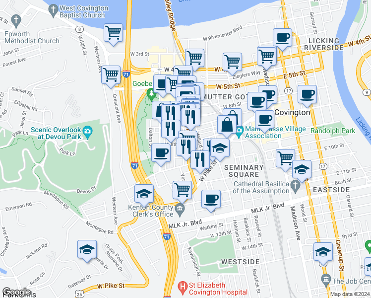 map of restaurants, bars, coffee shops, grocery stores, and more near 818 Main Street in Covington