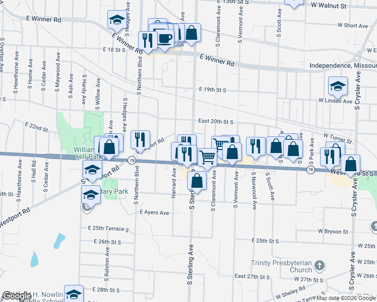 map of restaurants, bars, coffee shops, grocery stores, and more near 11205 East 22 Street South in Independence