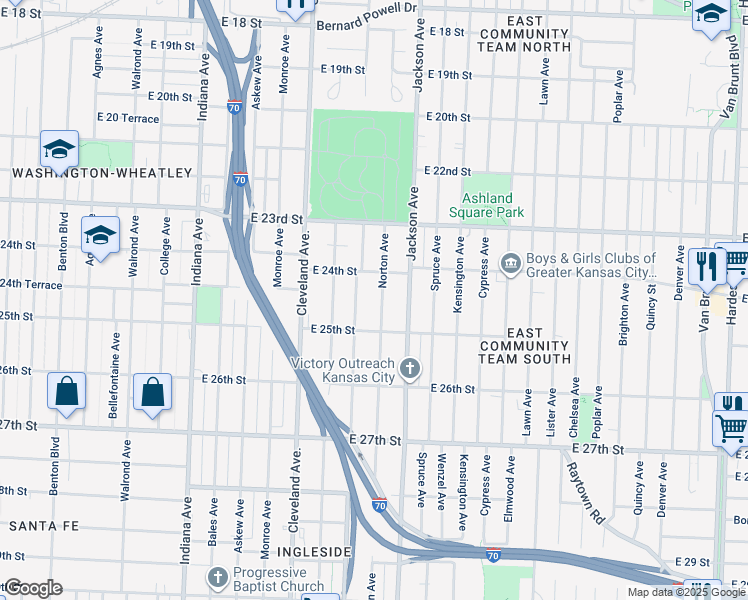 map of restaurants, bars, coffee shops, grocery stores, and more near 2433 Myrtle Avenue in Kansas City