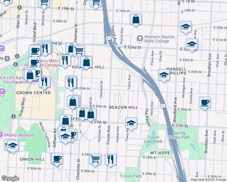 map of restaurants, bars, coffee shops, grocery stores, and more near in Kansas City