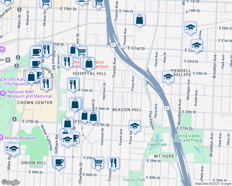 map of restaurants, bars, coffee shops, grocery stores, and more near in Kansas City