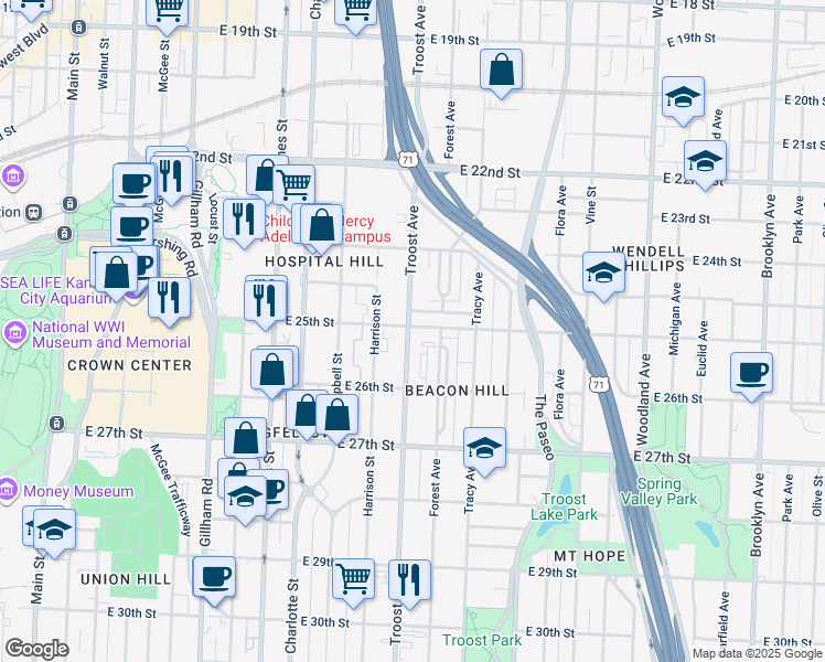 map of restaurants, bars, coffee shops, grocery stores, and more near in Kansas City