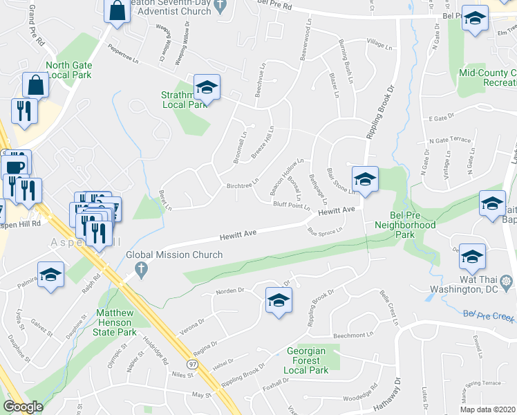 map of restaurants, bars, coffee shops, grocery stores, and more near 3008 Bluff Point Lane in Silver Spring