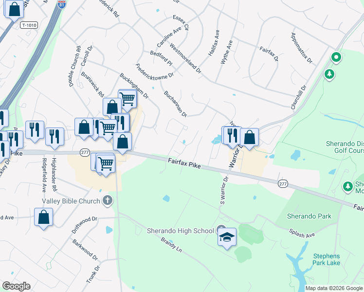 map of restaurants, bars, coffee shops, grocery stores, and more near 303 Hamilton Court in Stephens City