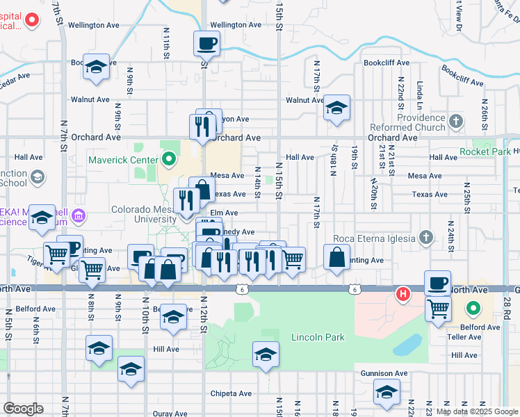 map of restaurants, bars, coffee shops, grocery stores, and more near 1416 Elm Avenue in Grand Junction
