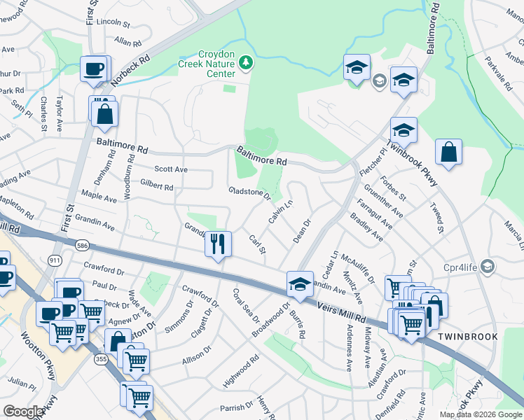 map of restaurants, bars, coffee shops, grocery stores, and more near 413 Silver Rock Road in Rockville