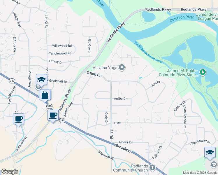 map of restaurants, bars, coffee shops, grocery stores, and more near 2296 North Arriba Circle in Grand Junction